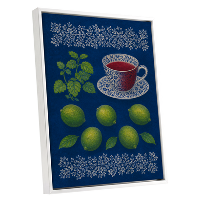 Lime & Porcelain, blue, green, beige nature wall art shown as a white framed canvas wall art