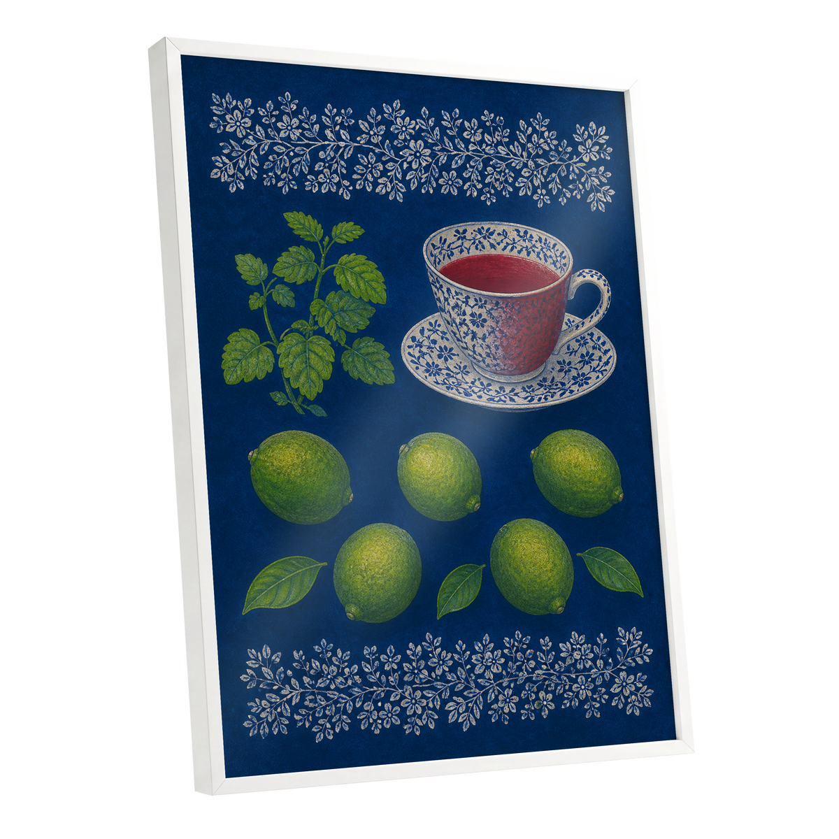 Lime & Porcelain, blue, green, beige nature wall art shown as a white framed poster wall art print