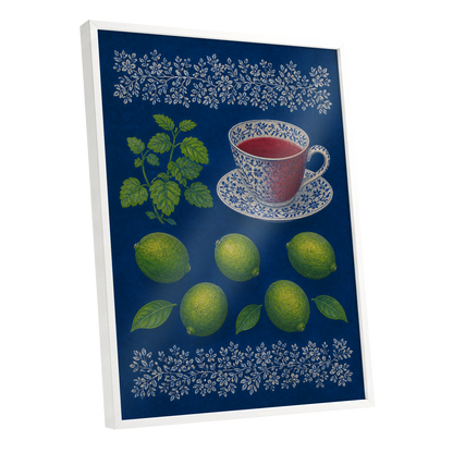 Lime & Porcelain, blue, green, beige nature wall art shown as a white framed poster wall art print
