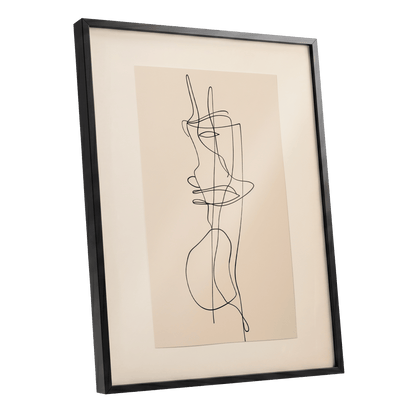 Linear Reverie, black, beige minimalist wall art shown as a black framed poster wall art print