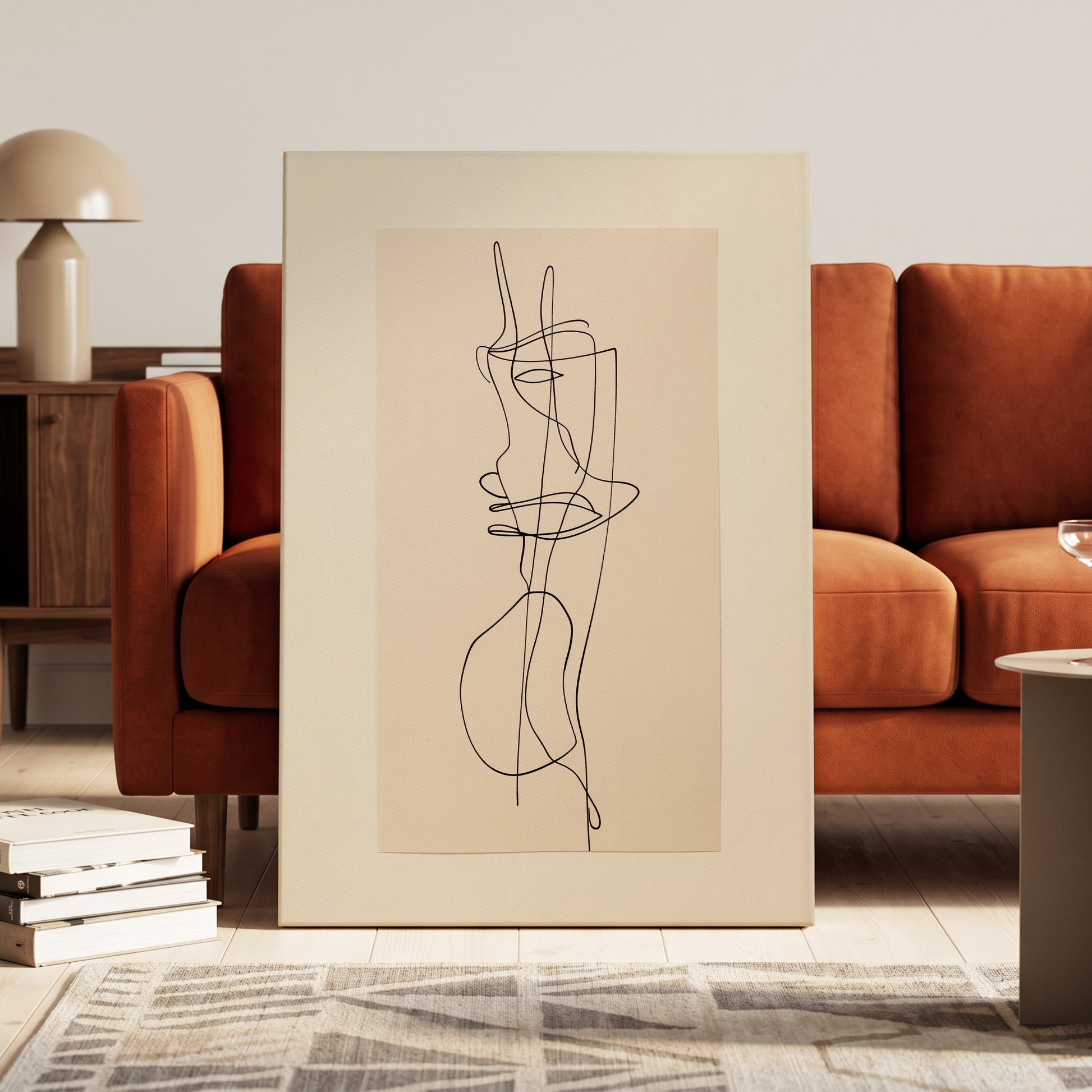 Linear Reverie, black, beige minimalist wall art on canvas displayed in a styled interior, gallery view 1