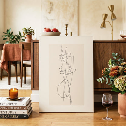 Linear Reverie, black, beige minimalist wall art on canvas displayed in a styled interior, gallery view 2