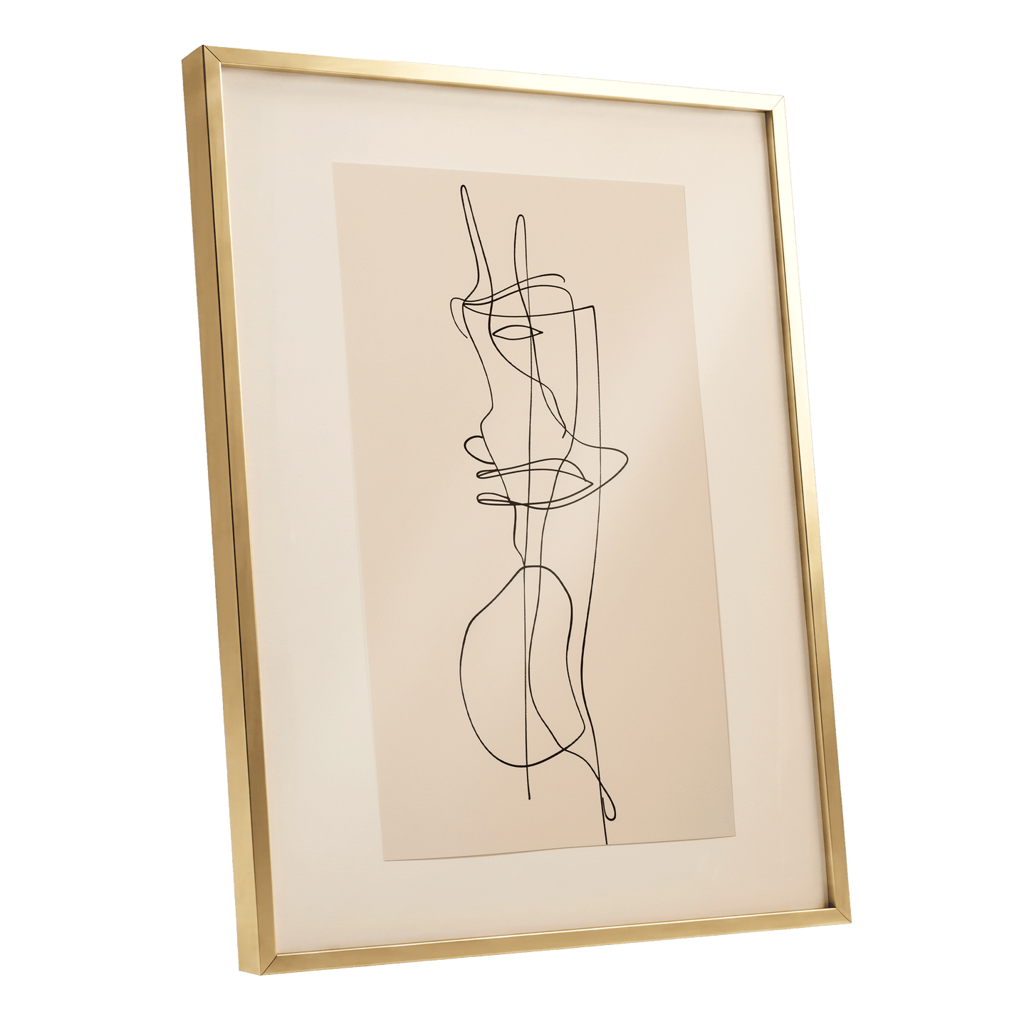 Linear Reverie, black, beige minimalist wall art shown as a gold framed poster wall art print