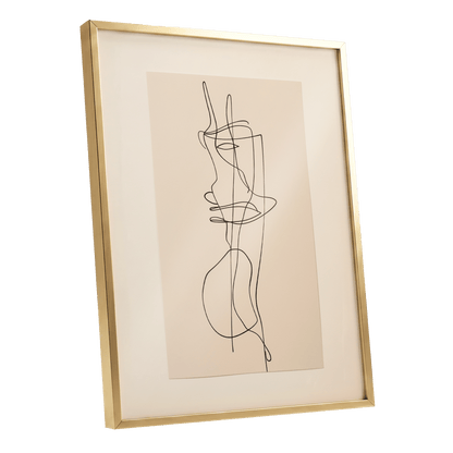 Linear Reverie, black, beige minimalist wall art shown as a gold framed poster wall art print