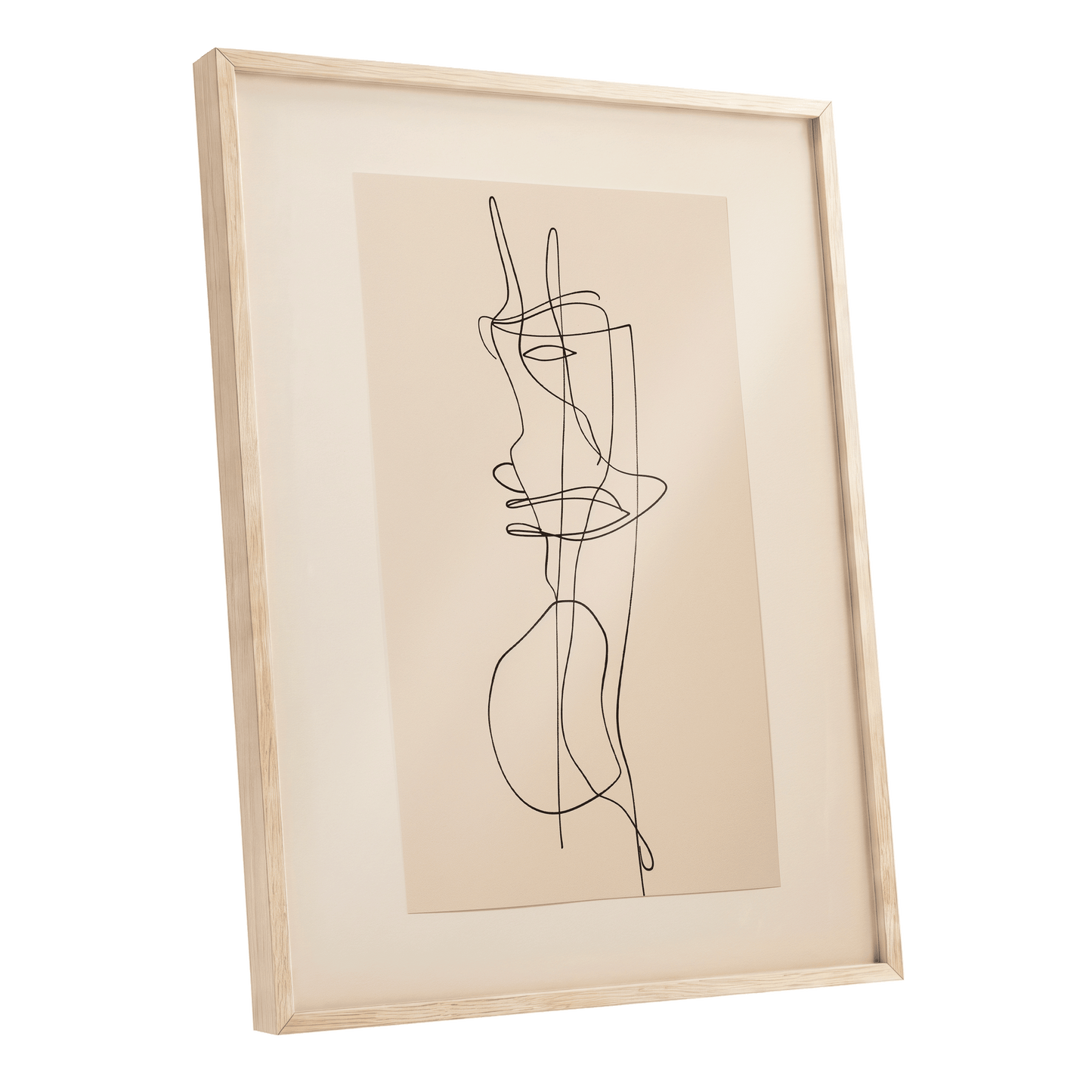 Linear Reverie, black, beige minimalist wall art shown as a oak framed poster wall art print