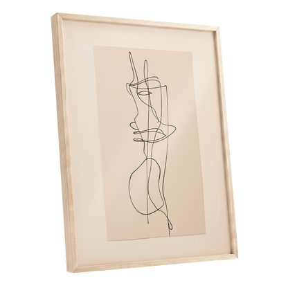 Linear Reverie, black, beige minimalist wall art shown as a oak framed poster wall art print