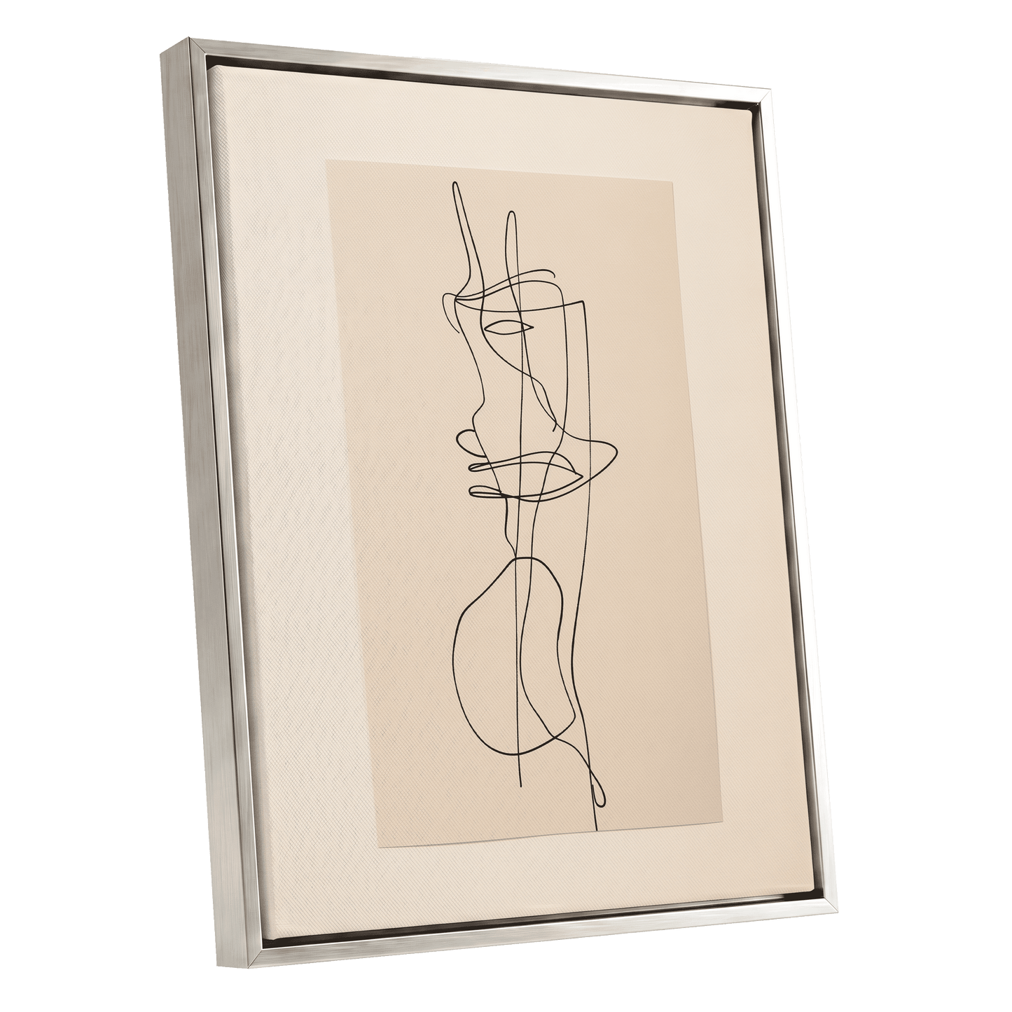 Linear Reverie, black, beige minimalist wall art shown as a silver framed canvas wall art