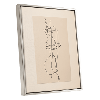 Linear Reverie, black, beige minimalist wall art shown as a silver framed canvas wall art
