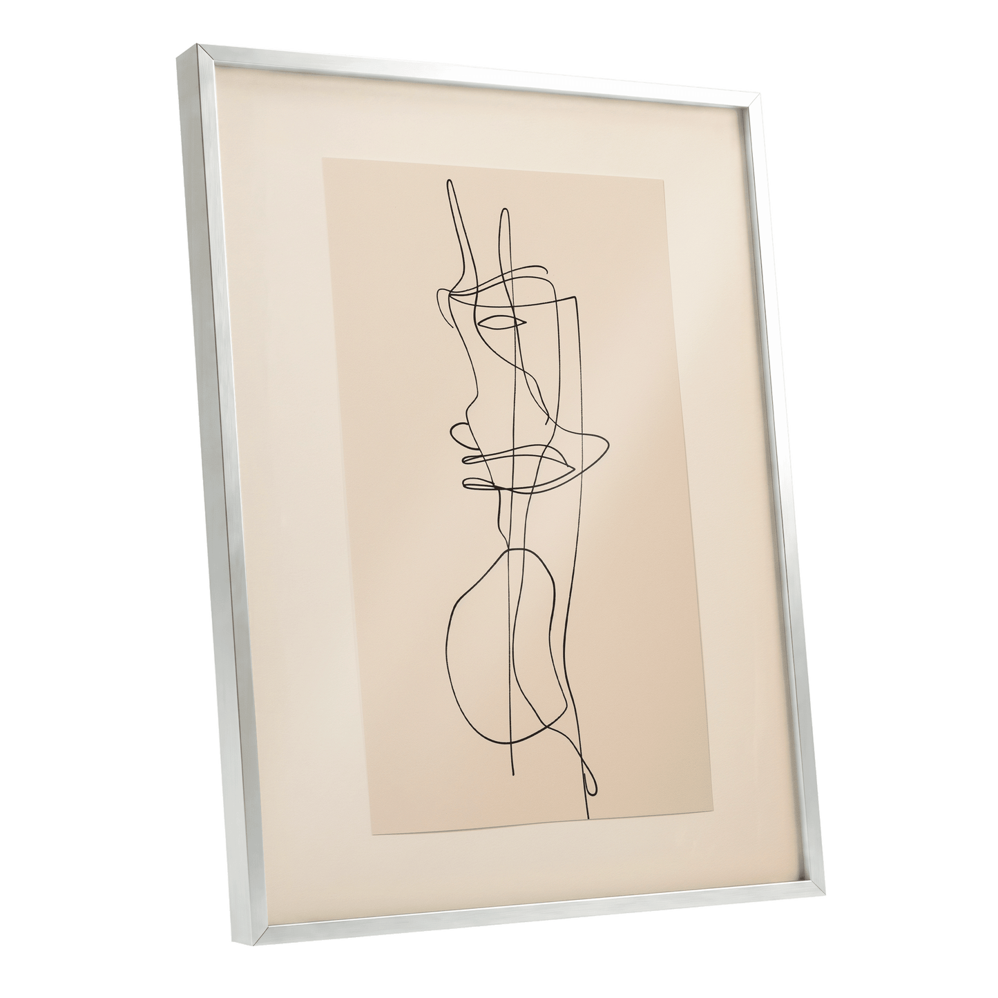Linear Reverie, black, beige minimalist wall art shown as a silver framed poster wall art print