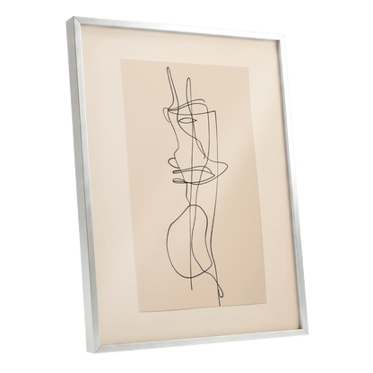 Linear Reverie, black, beige minimalist wall art shown as a silver framed poster wall art print