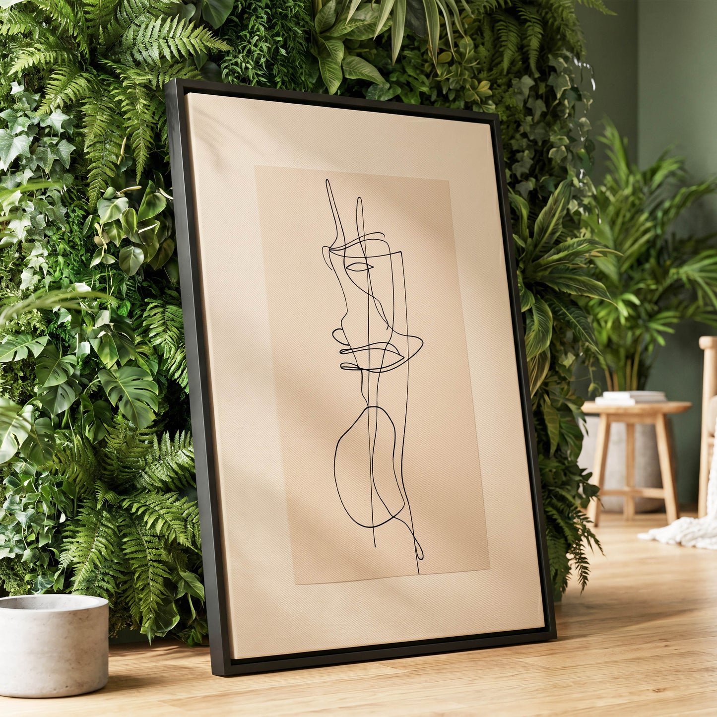 Linear Reverie, black, beige minimalist wall art displayed in a styled interior, gallery view 1