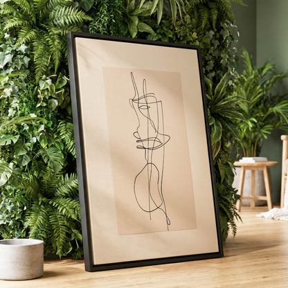 Linear Reverie, black, beige minimalist wall art displayed in a styled interior, gallery view 1