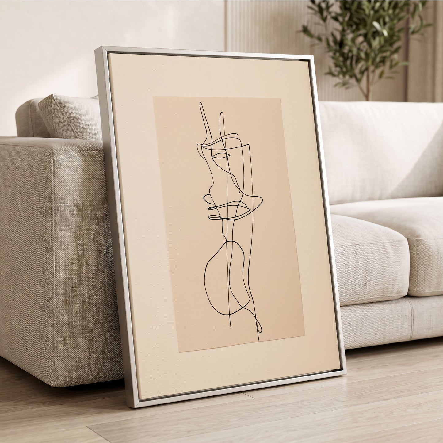 Linear Reverie, black, beige minimalist wall art displayed in a styled interior, gallery view 2