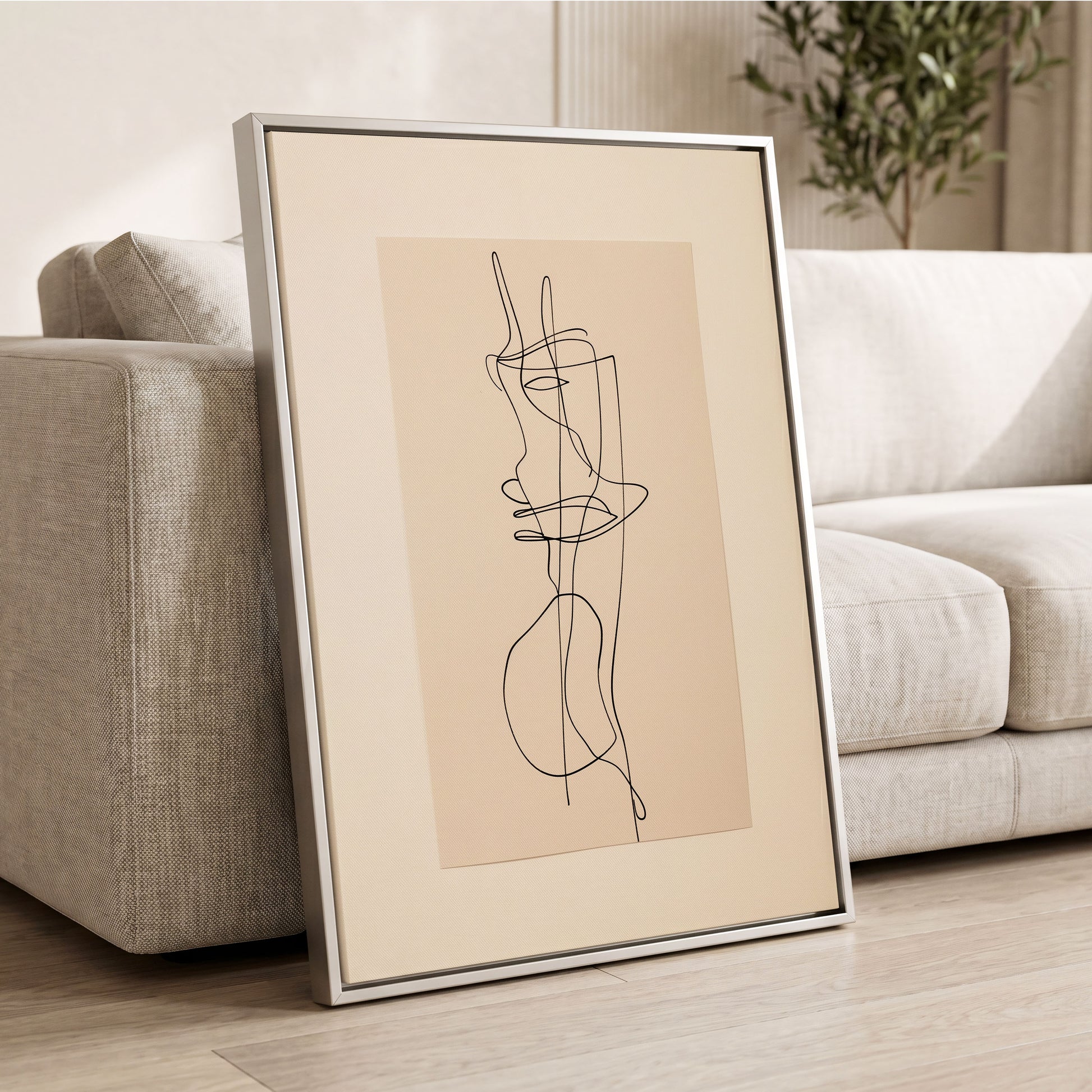 Linear Reverie, black, beige minimalist wall art displayed in a styled interior, gallery view 2