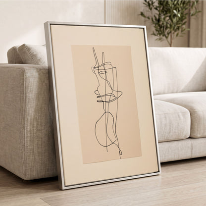 Linear Reverie, black, beige minimalist wall art displayed in a styled interior, gallery view 2