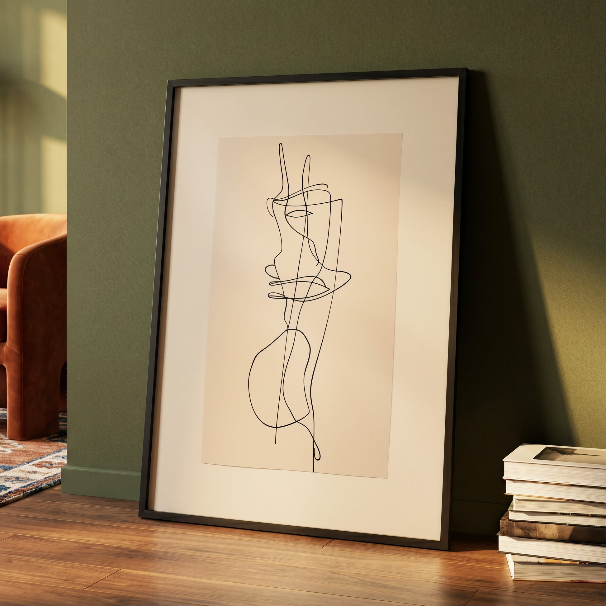 Linear Reverie, black, beige minimalist wall art displayed in a styled interior, gallery view 4