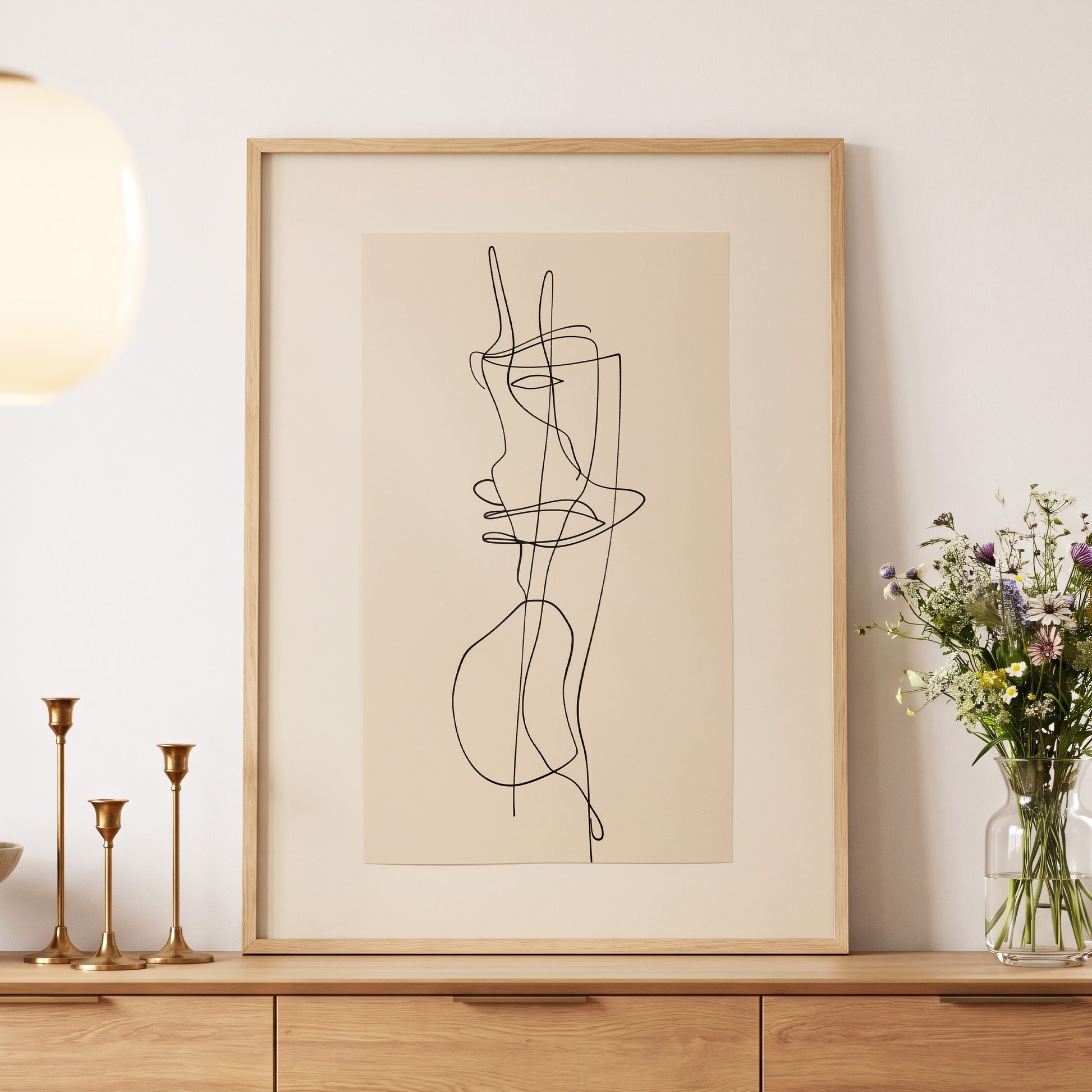 Linear Reverie, black, beige minimalist wall art displayed in a styled interior, gallery view 5