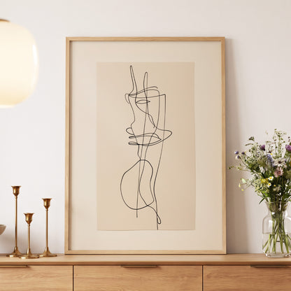 Linear Reverie, black, beige minimalist wall art displayed in a styled interior, gallery view 5