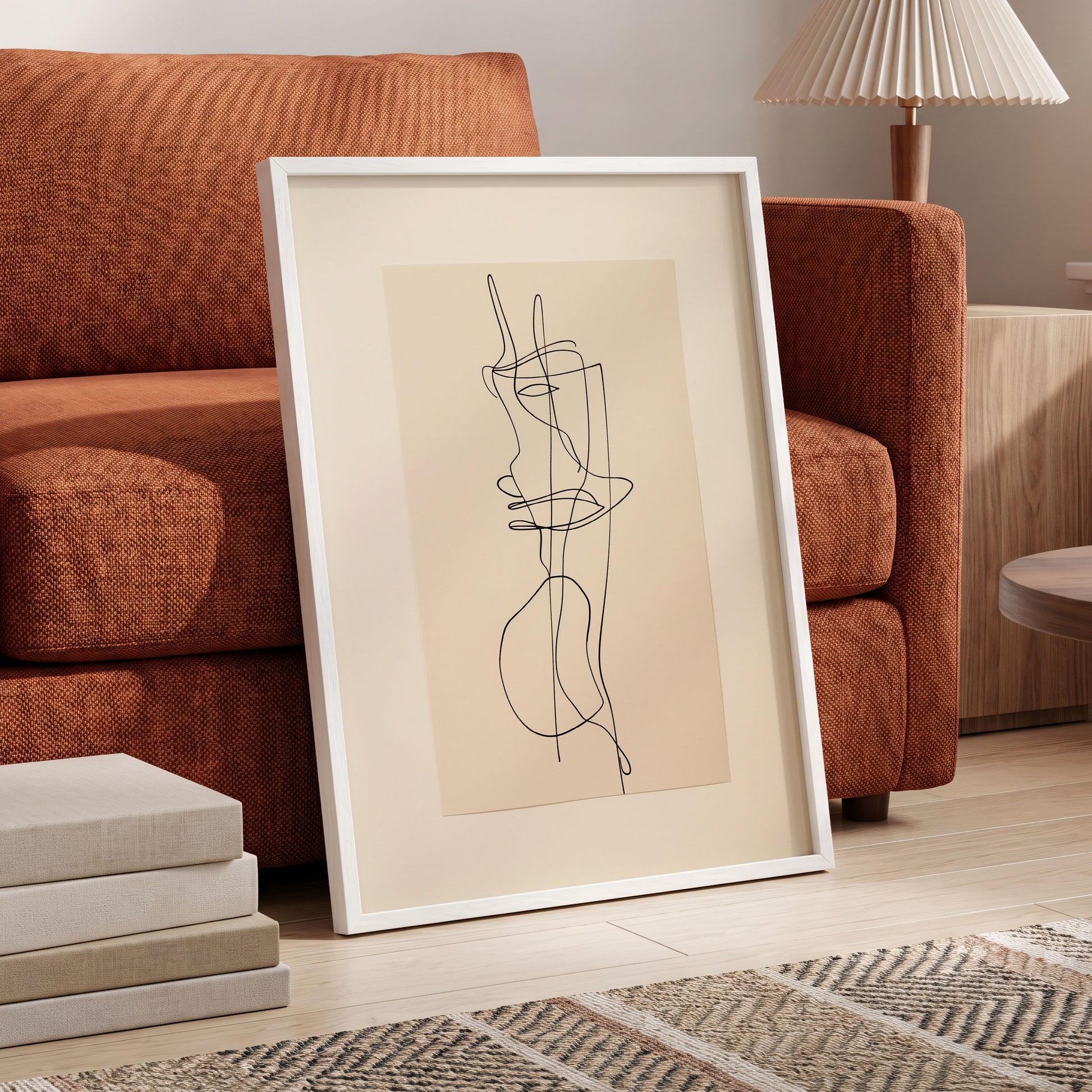 Linear Reverie, black, beige minimalist wall art displayed in a styled interior, gallery view 6