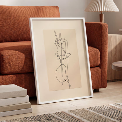Linear Reverie, black, beige minimalist wall art displayed in a styled interior, gallery view 6
