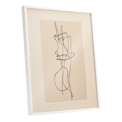 Linear Reverie, black, beige minimalist wall art shown as a white framed poster wall art print