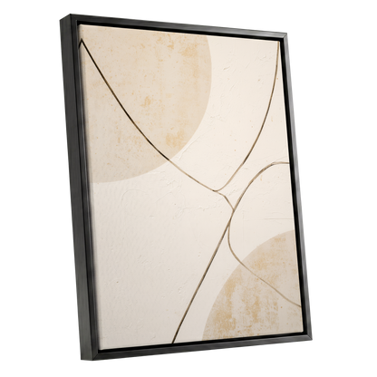 Linen Curve Confluence, white, beige, brown minimalist wall art shown as a black framed canvas wall art