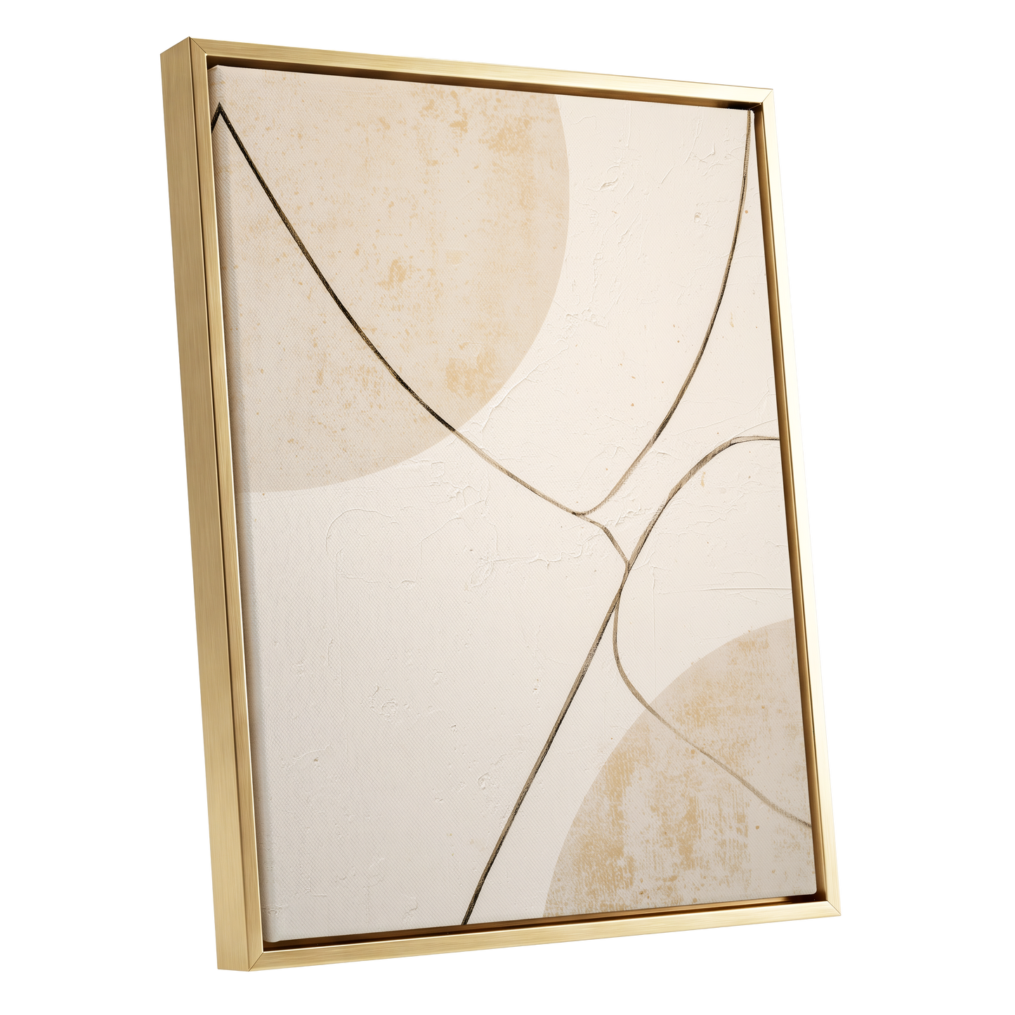 Linen Curve Confluence, white, beige, brown minimalist wall art shown as a gold framed canvas wall art