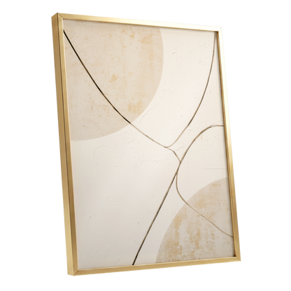 Linen Curve Confluence, white, beige, brown minimalist wall art shown as a gold framed poster wall art print