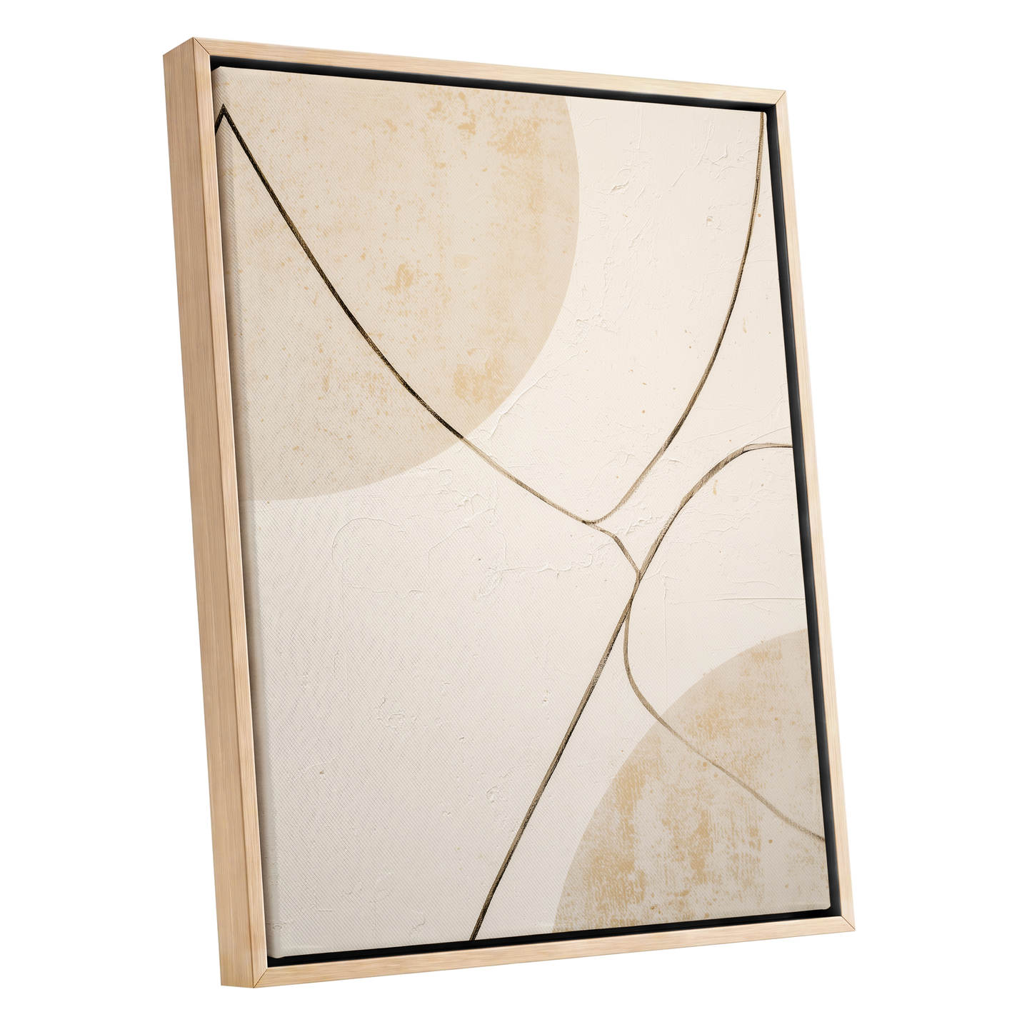 Linen Curve Confluence, white, beige, brown minimalist wall art shown as a oak framed canvas wall art