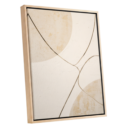 Linen Curve Confluence, white, beige, brown minimalist wall art shown as a oak framed canvas wall art