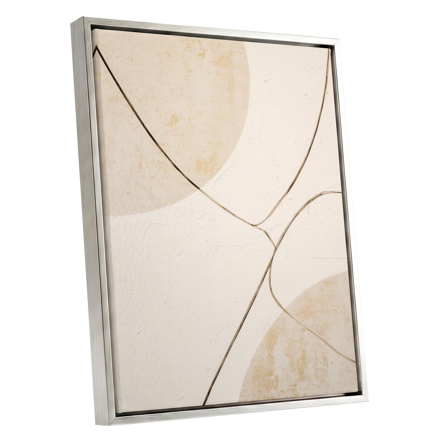 Linen Curve Confluence, white, beige, brown minimalist wall art shown as a silver framed canvas wall art
