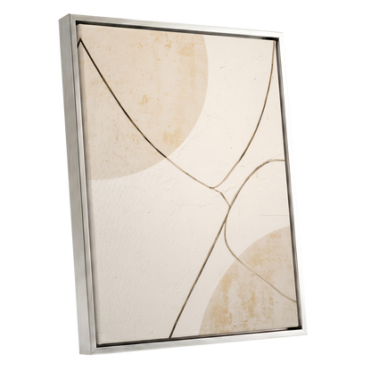 Linen Curve Confluence, white, beige, brown minimalist wall art shown as a silver framed canvas wall art