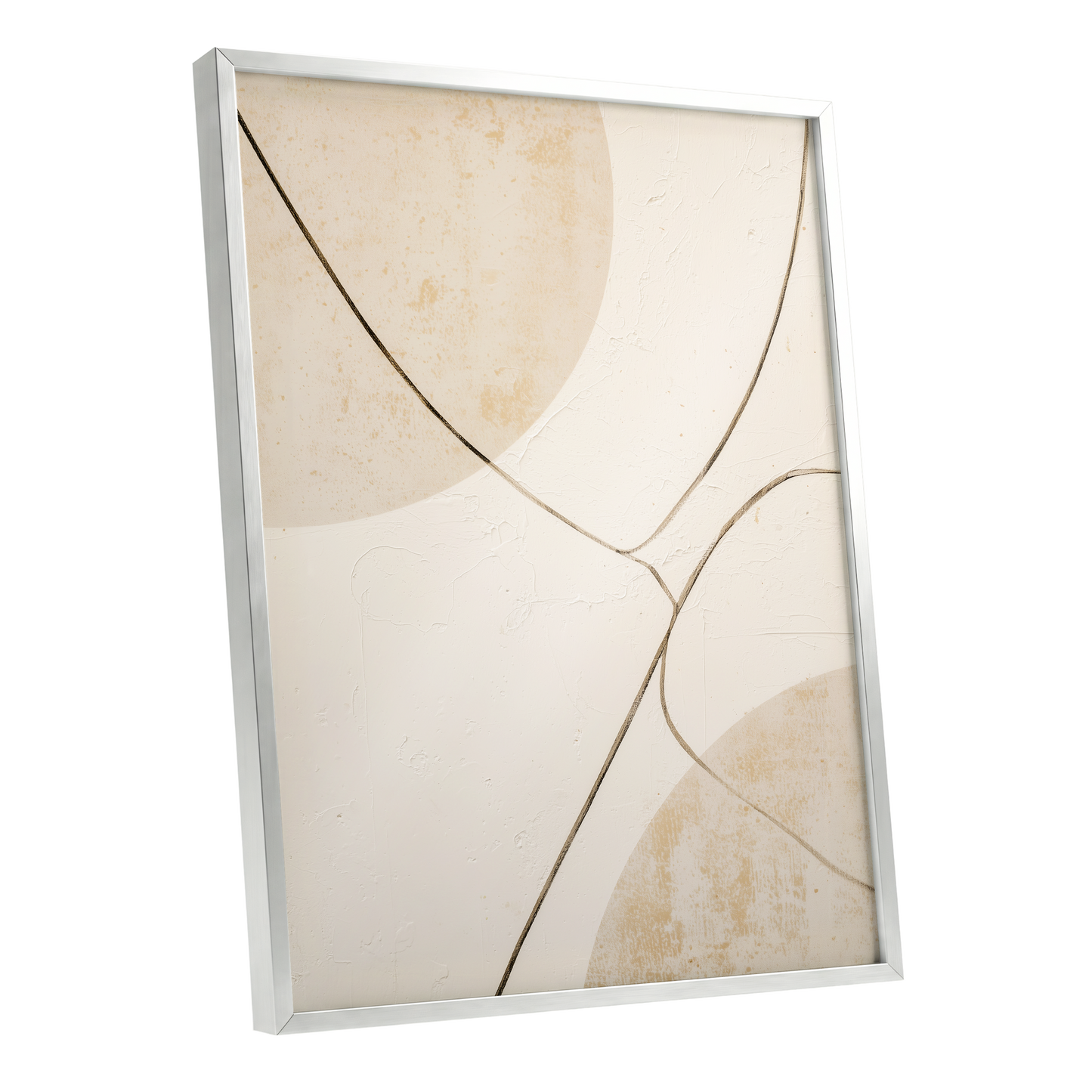 Linen Curve Confluence, white, beige, brown minimalist wall art shown as a silver framed poster wall art print