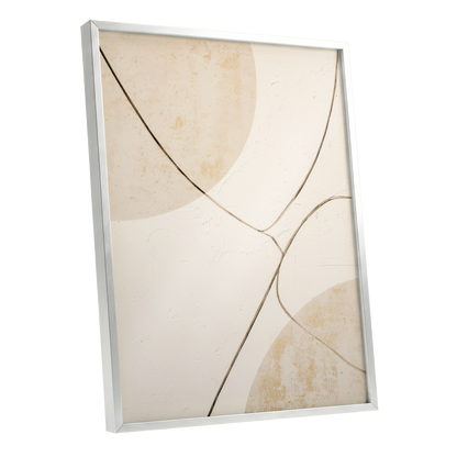 Linen Curve Confluence, white, beige, brown minimalist wall art shown as a silver framed poster wall art print