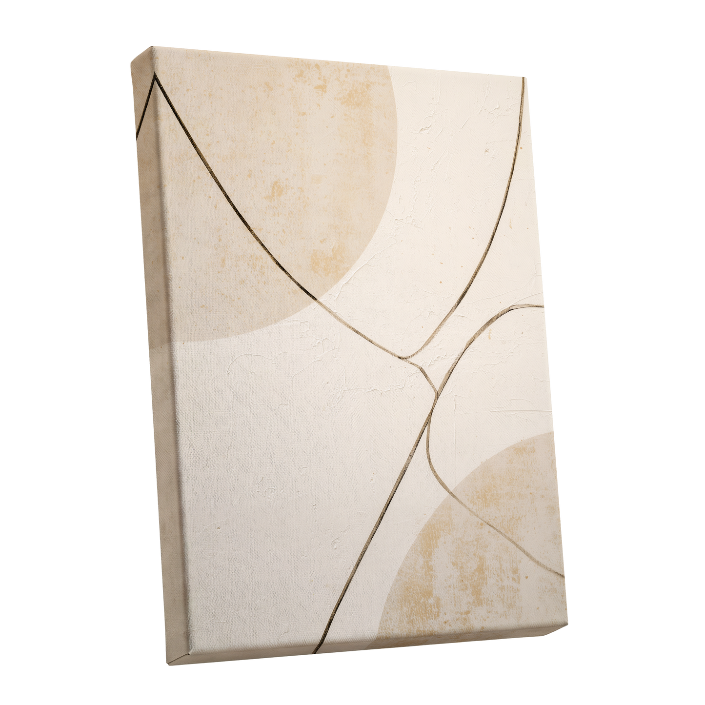 Linen Curve Confluence, white, beige, brown minimalist wall art shown as a stretched canvas wall art