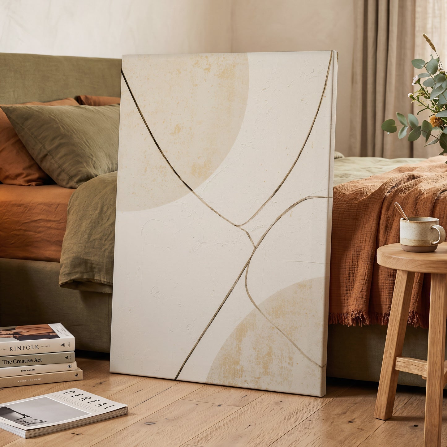 Linen Curve Confluence, white, beige, brown minimalist wall art displayed in a styled interior, gallery view 3