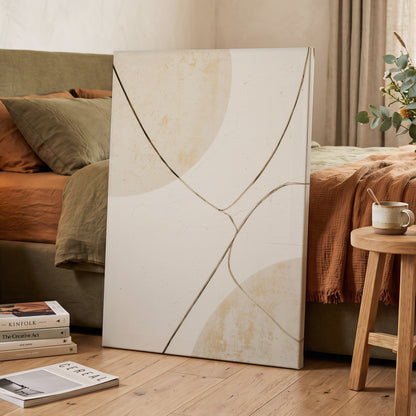 Linen Curve Confluence, white, beige, brown minimalist wall art displayed in a styled interior, gallery view 3