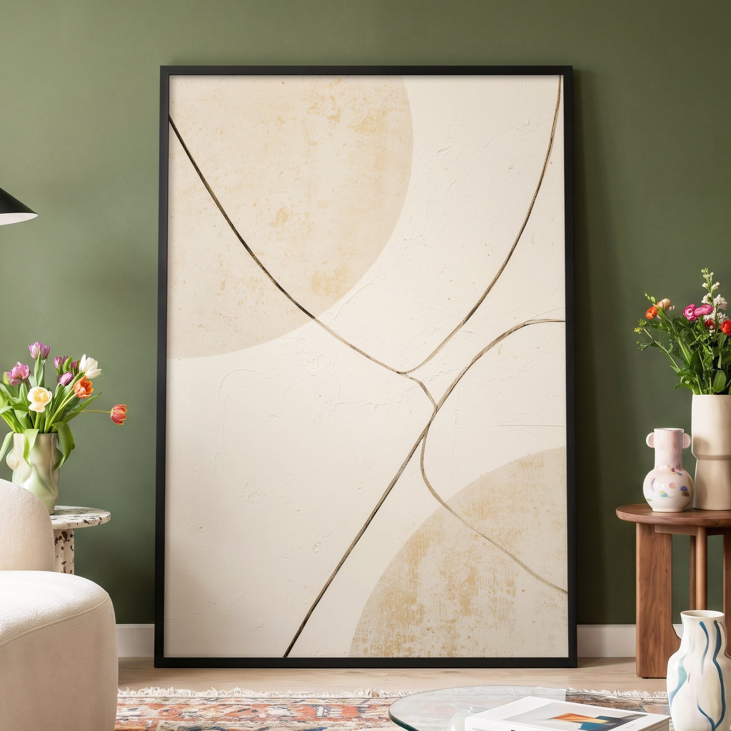 Linen Curve Confluence, white, beige, brown minimalist wall art displayed in a styled interior, gallery view 6