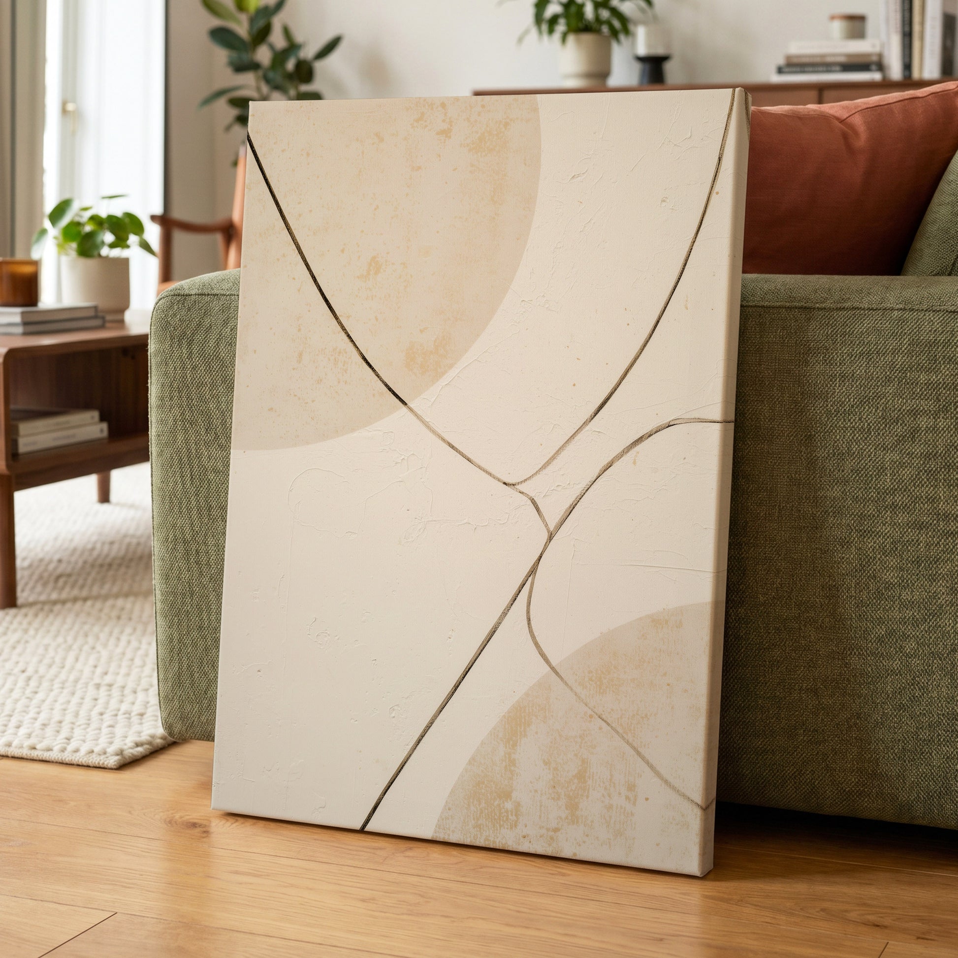 Linen Curve Confluence, white, beige, brown minimalist wall art displayed in a styled interior, gallery view 7