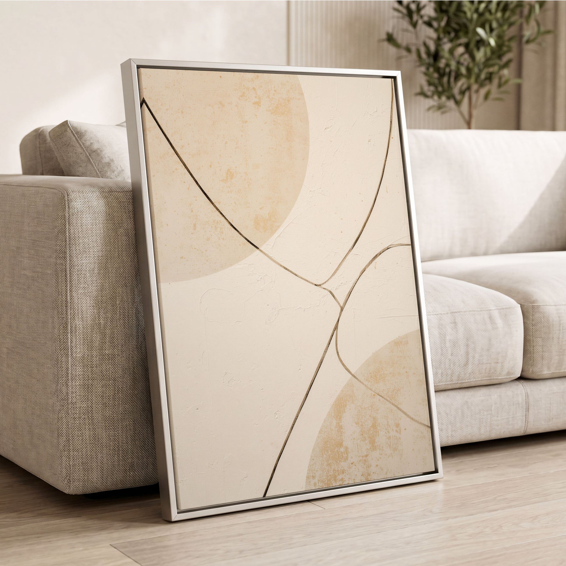 Linen Curve Confluence, white, beige, brown minimalist wall art displayed in a styled interior, gallery view 8