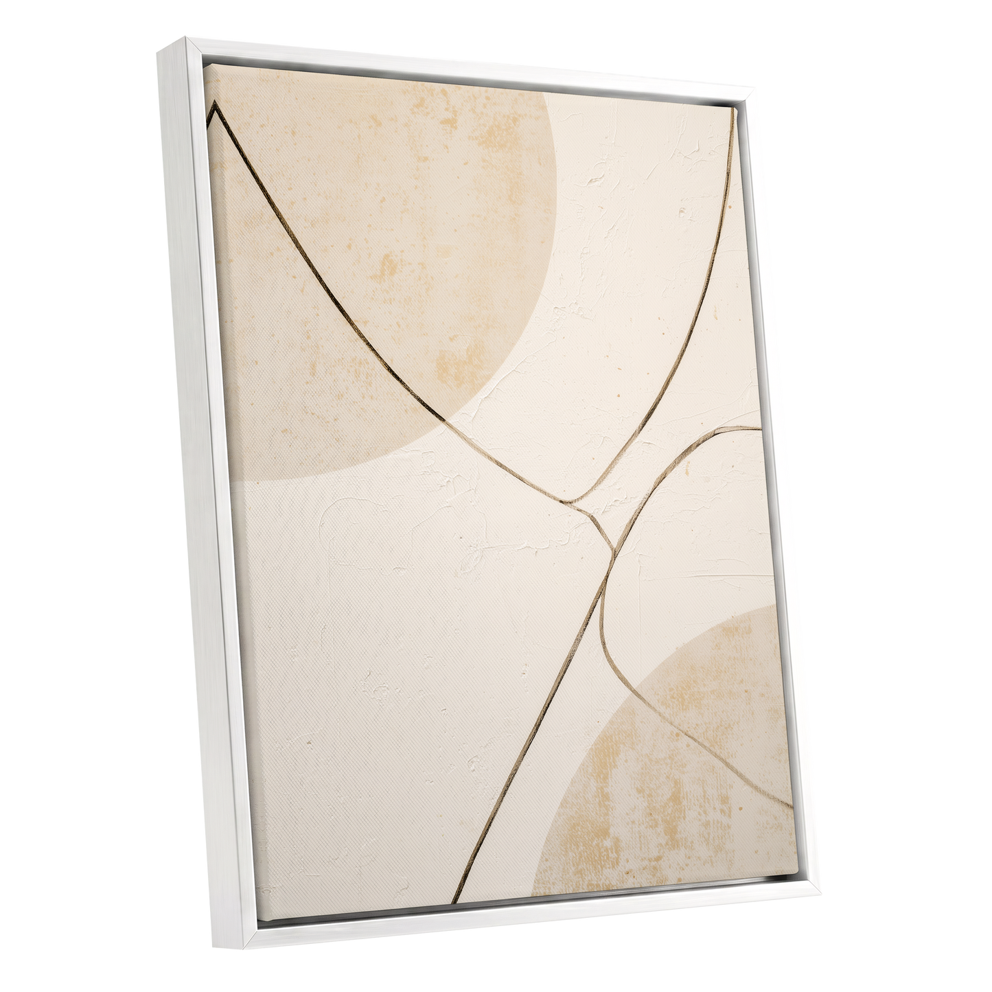 Linen Curve Confluence, white, beige, brown minimalist wall art shown as a white framed canvas wall art