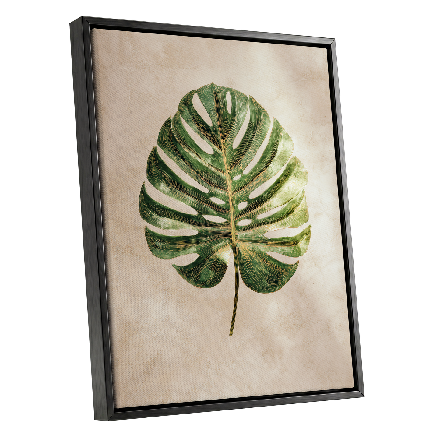 Linen-Ground Monstera, green, beige, gold nature wall art shown as a black framed canvas wall art