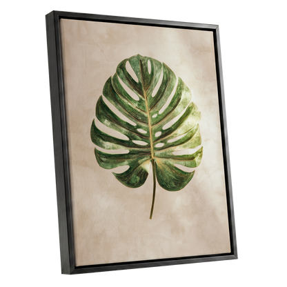 Linen-Ground Monstera, green, beige, gold nature wall art shown as a black framed canvas wall art