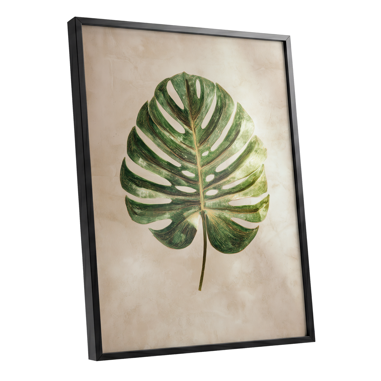 Linen-Ground Monstera, green, beige, gold nature wall art shown as a black framed poster wall art print