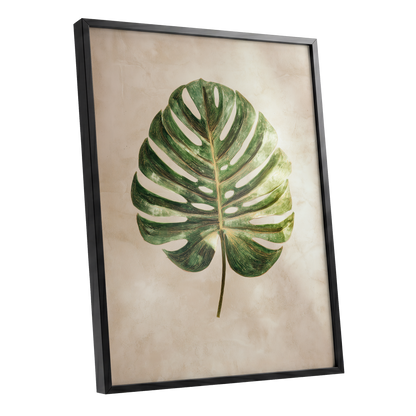 Linen-Ground Monstera, green, beige, gold nature wall art shown as a black framed poster wall art print