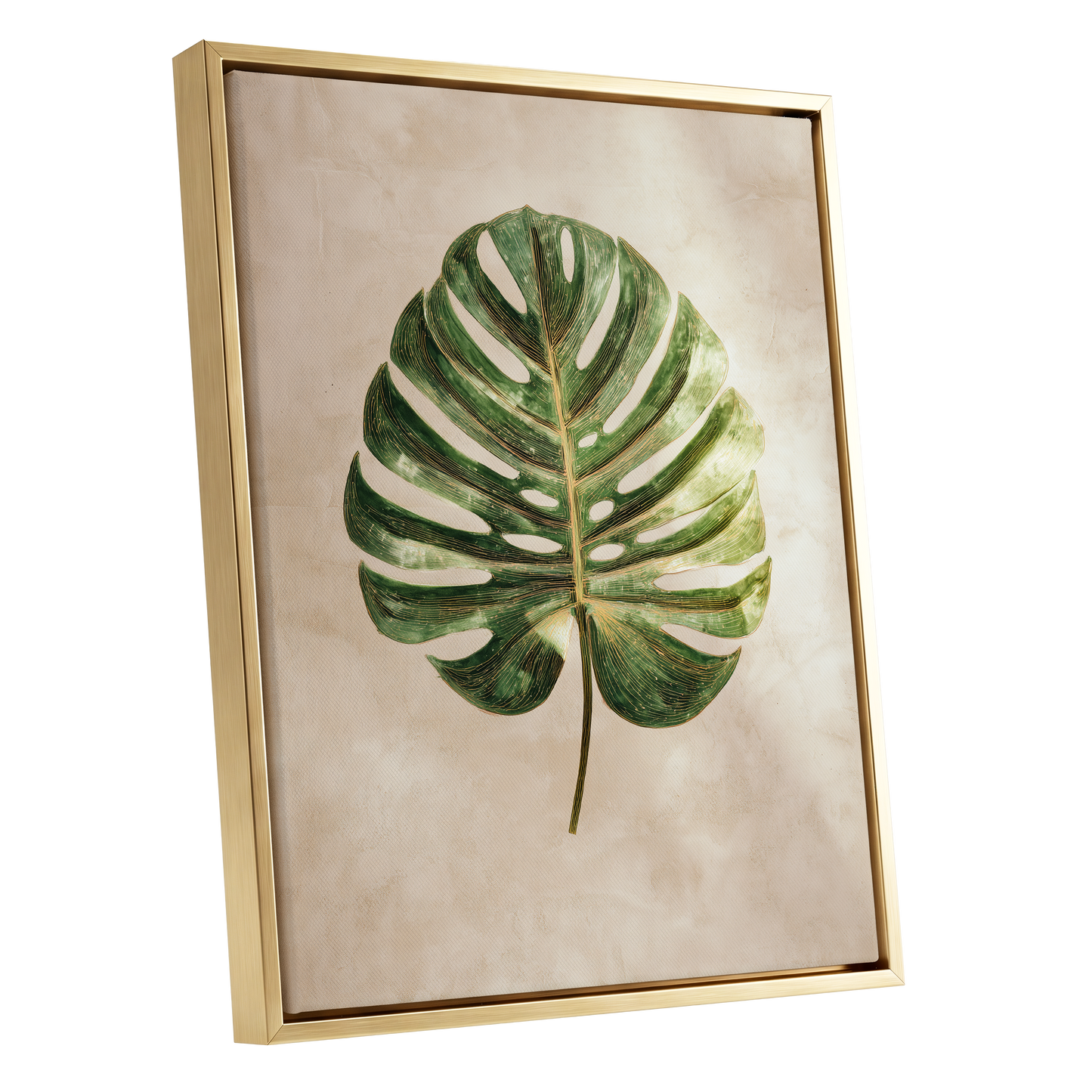 Linen-Ground Monstera, green, beige, gold nature wall art shown as a gold framed canvas wall art