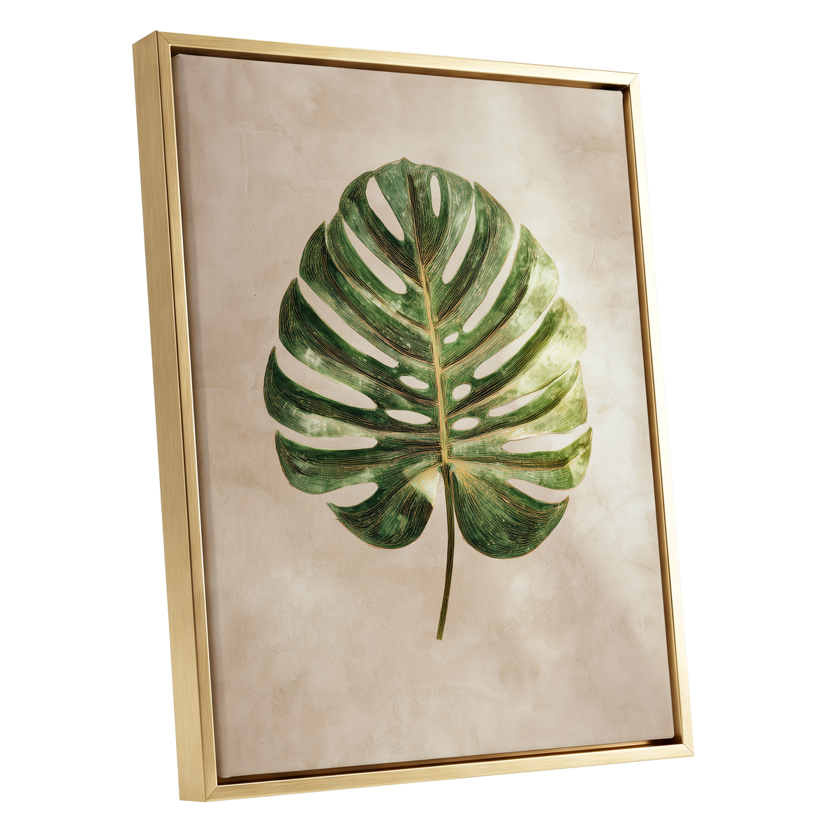 Linen-Ground Monstera, green, beige, gold nature wall art shown as a gold framed canvas wall art