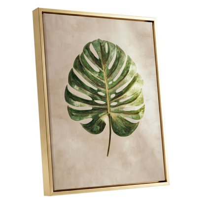 Linen-Ground Monstera, green, beige, gold nature wall art shown as a gold framed canvas wall art