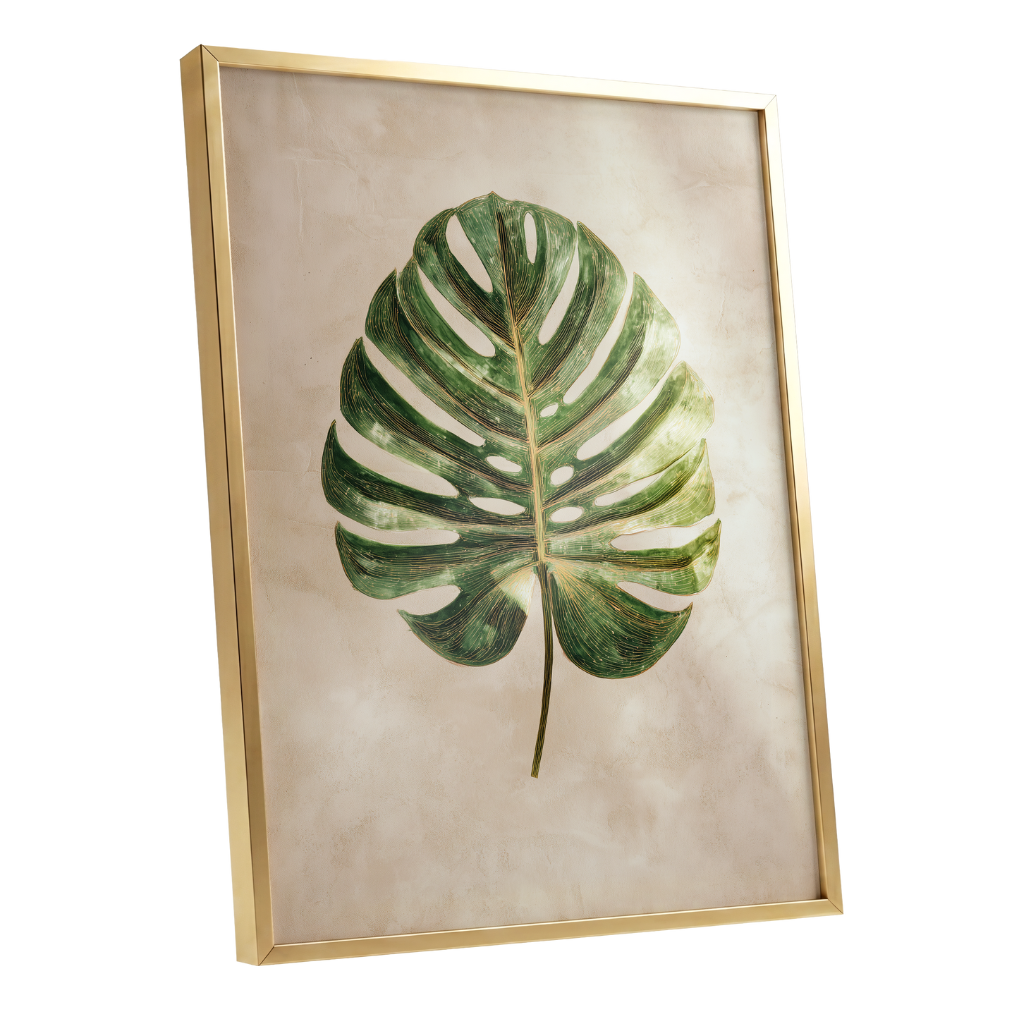 Linen-Ground Monstera, green, beige, gold nature wall art shown as a gold framed poster wall art print