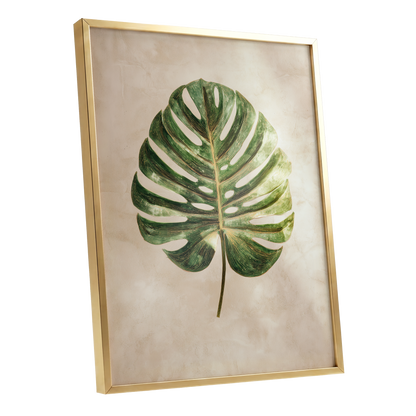 Linen-Ground Monstera, green, beige, gold nature wall art shown as a gold framed poster wall art print